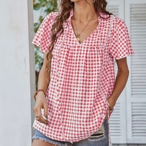 Pink and white lace accent V-neck top